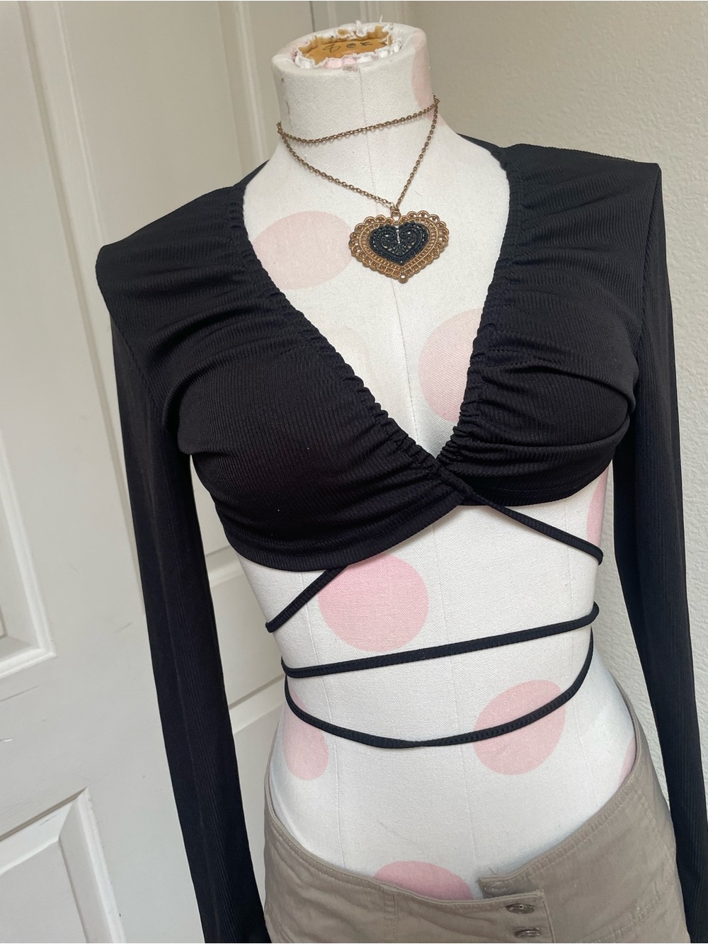 SHEIN Black Long-Sleeve Wrap Crop Top with Waist Ties